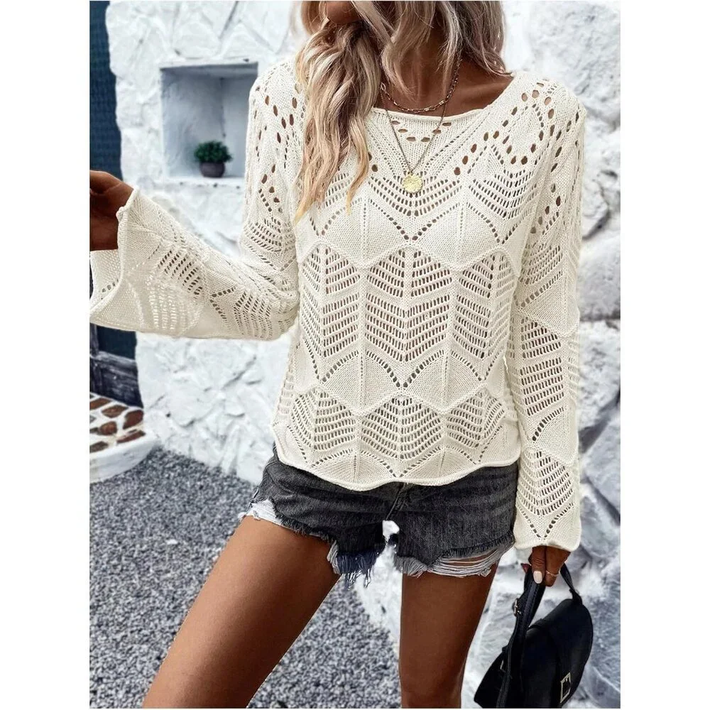 Women's Crochet Sweater Hollow Out Lightweight Crew Neck Long Sleeve Knit Top